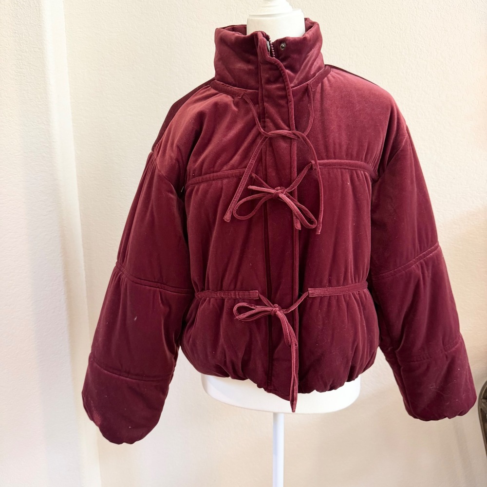 Future Collective Burgundy Velvet Puffer Jacket Bow Front Tie‎ Small NEW